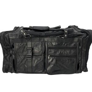 Vtg Black Leather Patchwork Duffle Bag Travel Weekender Carry-On Luggage 24"